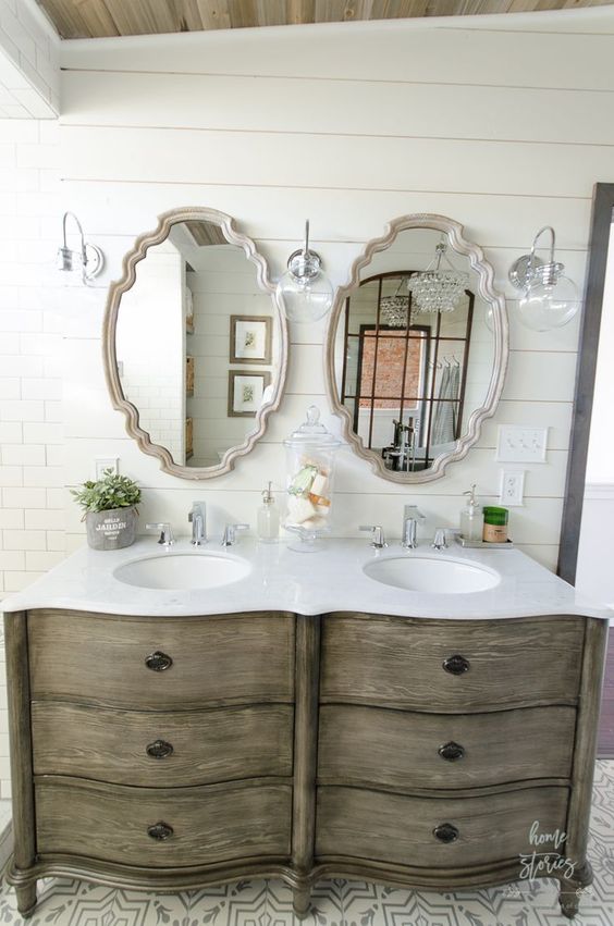 25 unique bathroom vanities made from furniture - double bowed gray - Life on Kaydeross Creek ...